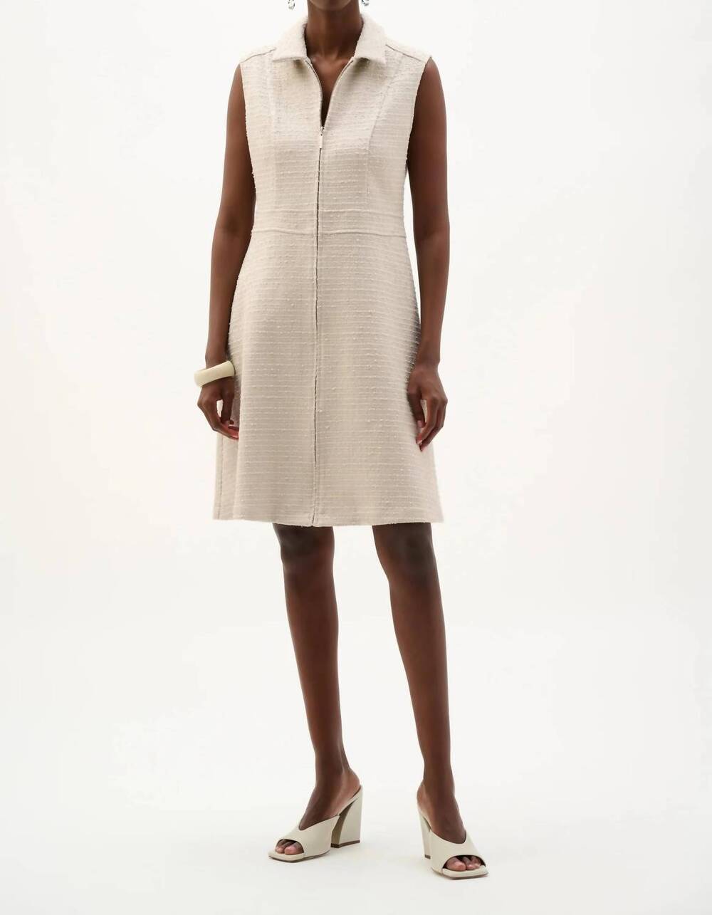 NEW JOSEPH RIBKOFF zip front bouclé a-line dress in moonstone